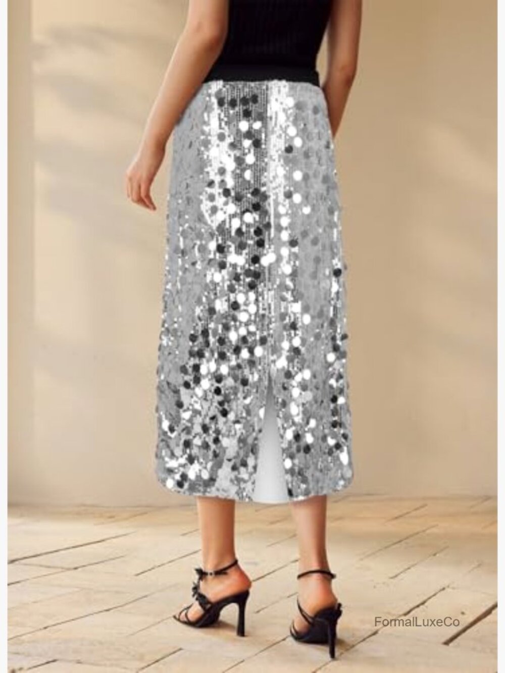 High Waist A-Line Sequin Midi Skirt Sparkly Shiny Party Club - Picture 4 of 6